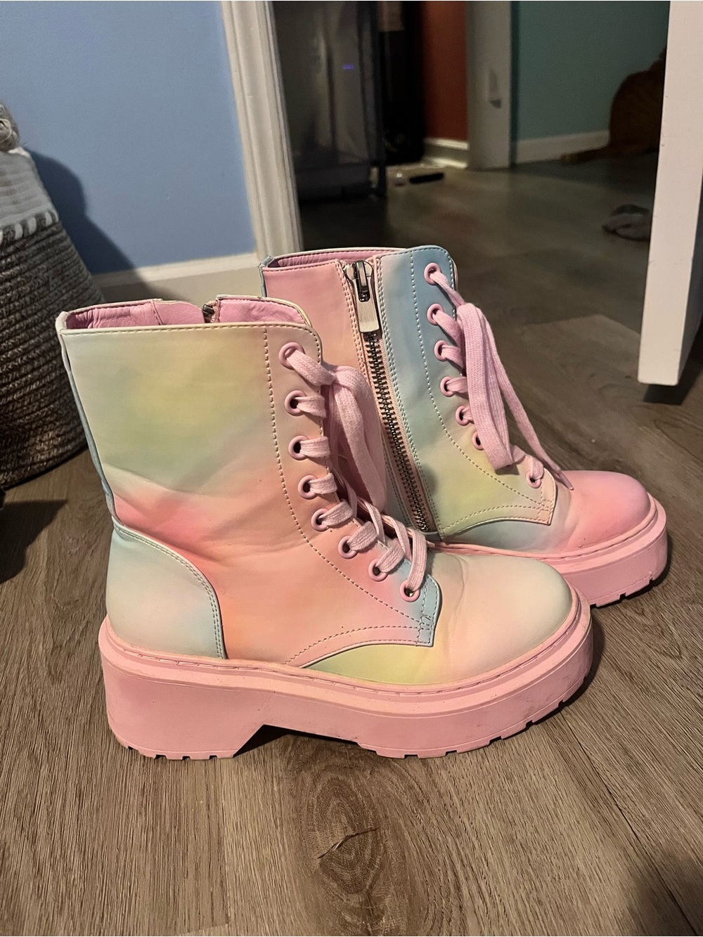 My Little Pony x Dolls Kill Pastel Pink Tie-Dye Chunky Combat Boots - Women's